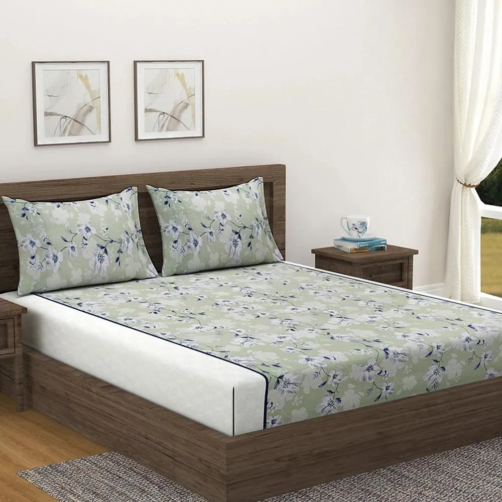 Swayam Sparkle Green Floral Fitted Double Bedsheet