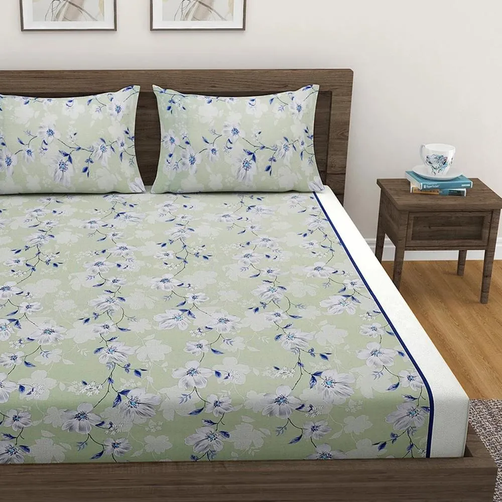 Swayam Sparkle Green Floral Fitted Double Bedsheet