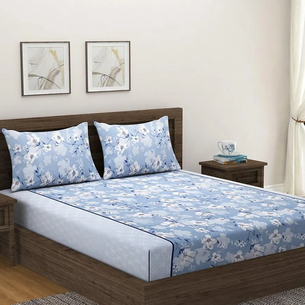 Swayam Sparkle Light blue Floral Fitted Double Bedsheet