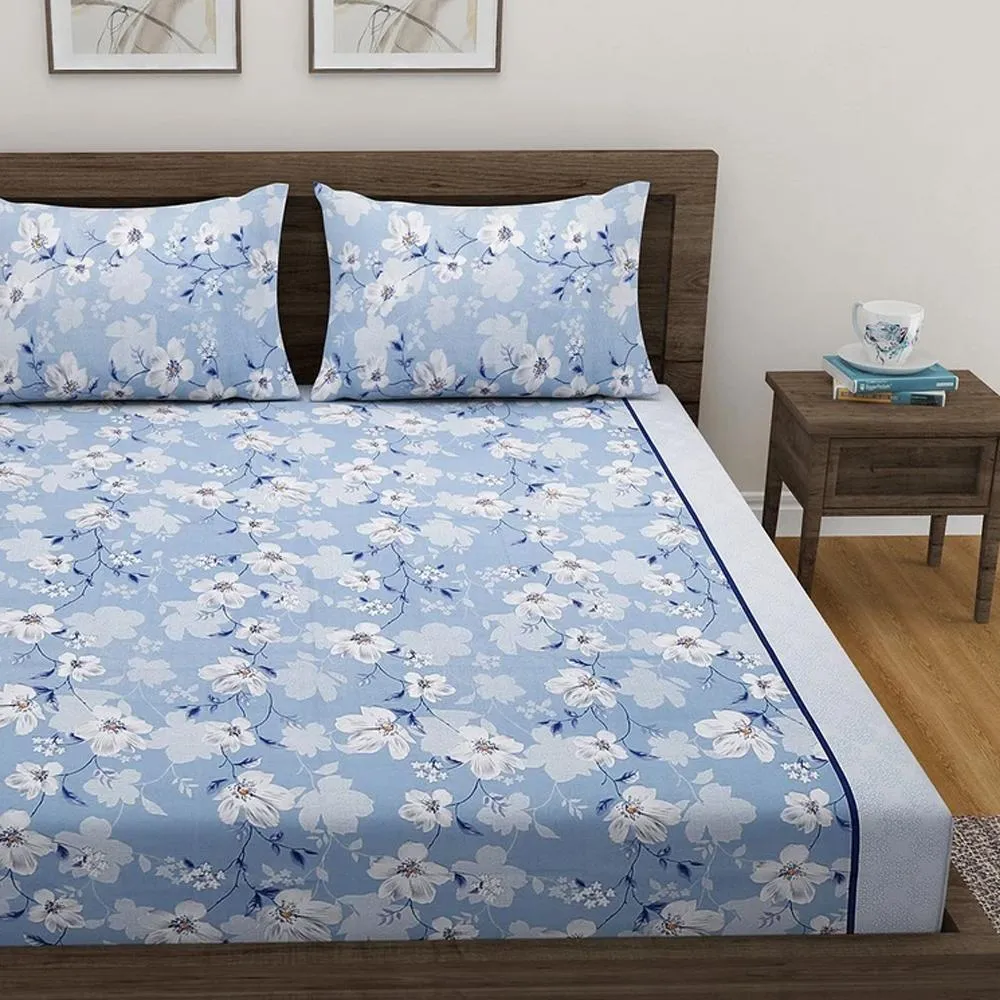 Swayam Sparkle Light blue Floral Fitted Double Bedsheet