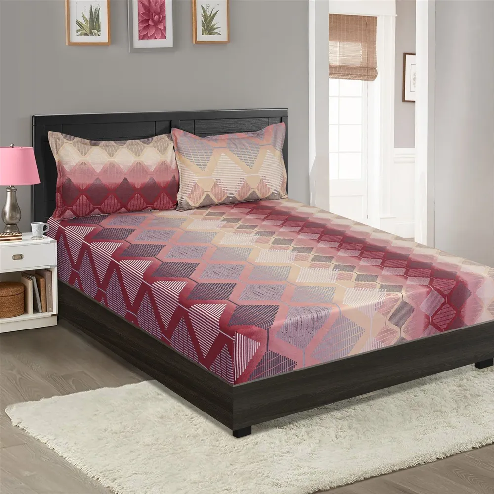 Swayam Sparkle Maroon Geometric Fitted Double Bedsheet