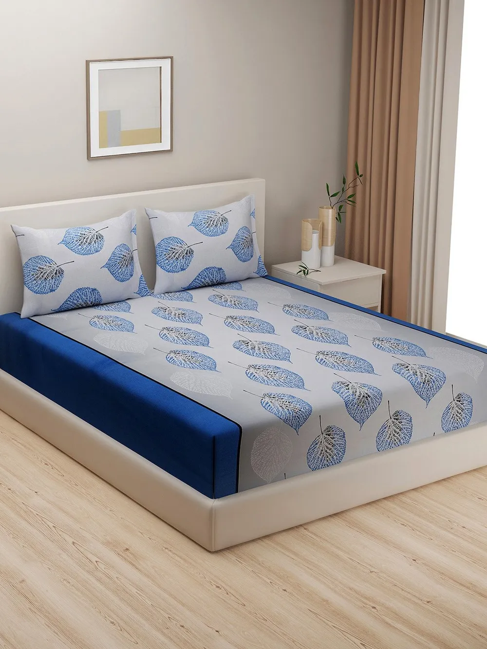 Swayam Sparkle Middle Blue Floral Pure Cotton Double Bedsheet Double Bedsheet (90 x 100 Inches)