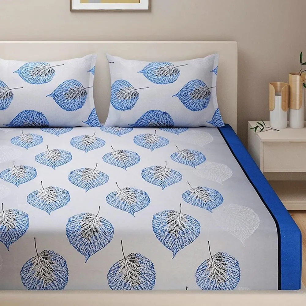 Swayam Sparkle Middle Blue Floral Pure Cotton Fitted Double Bedsheet