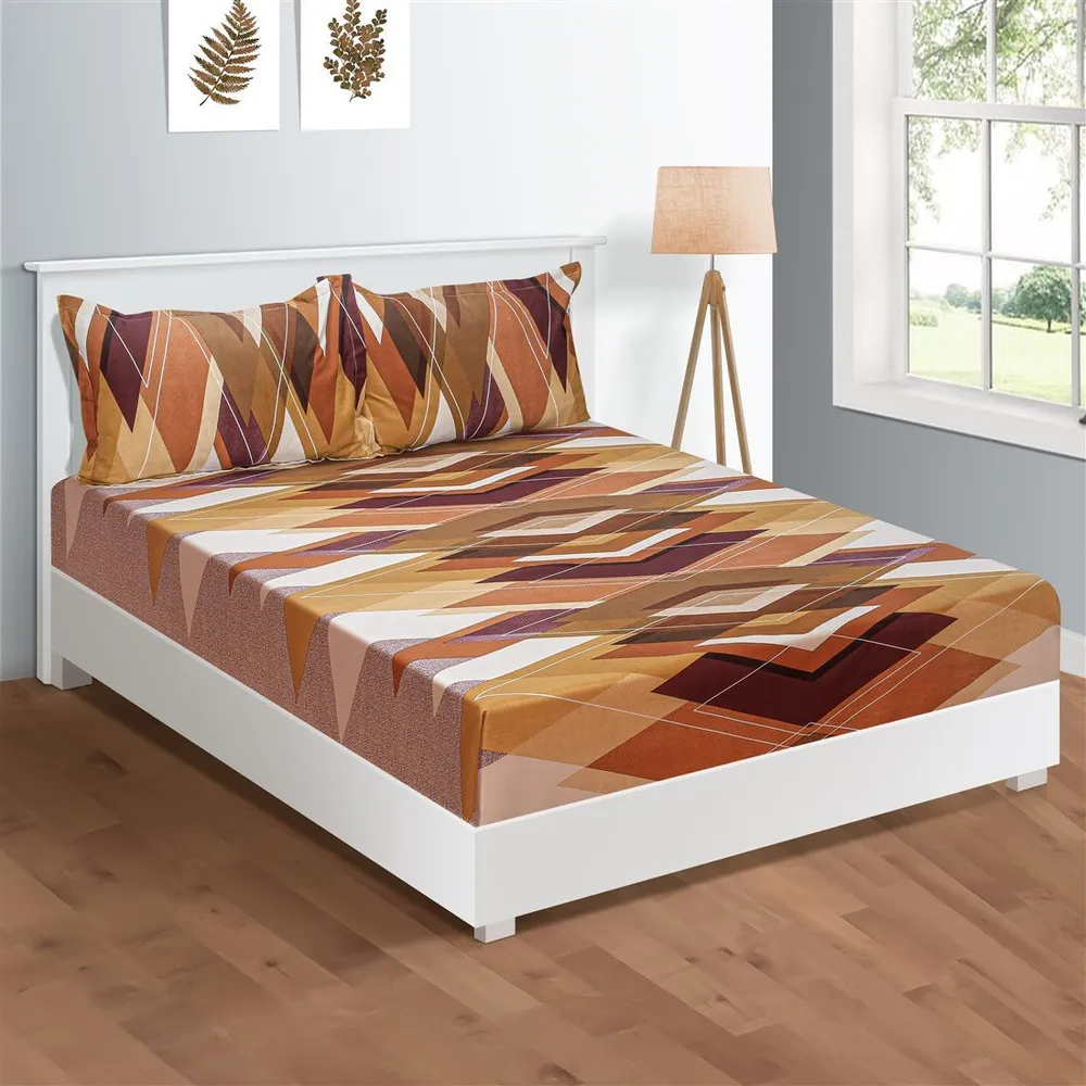 Swayam Sparkle Orange Geometric Print Fitted Double Bedsheet