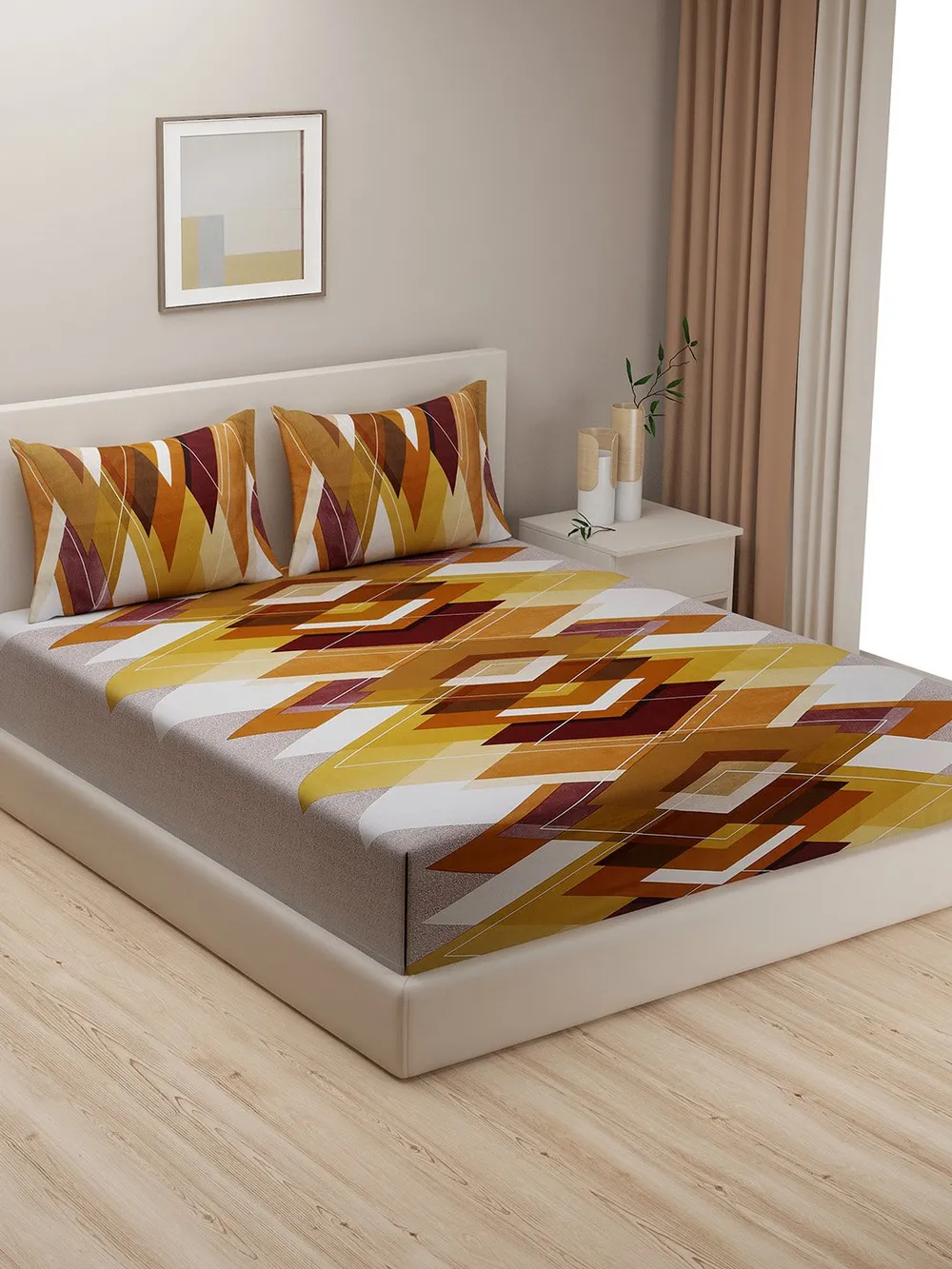 Swayam Sparkle Orange Geometric Print Pure Cotton Double Bedsheet Double Bedsheet (90 x 100 Inches)