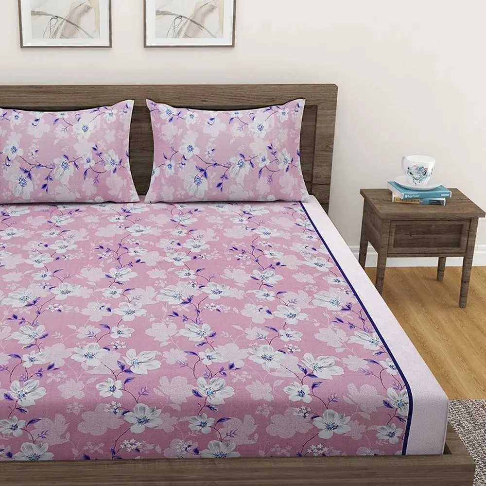 Swayam Sparkle Purple Floral Fitted Double Bedsheet