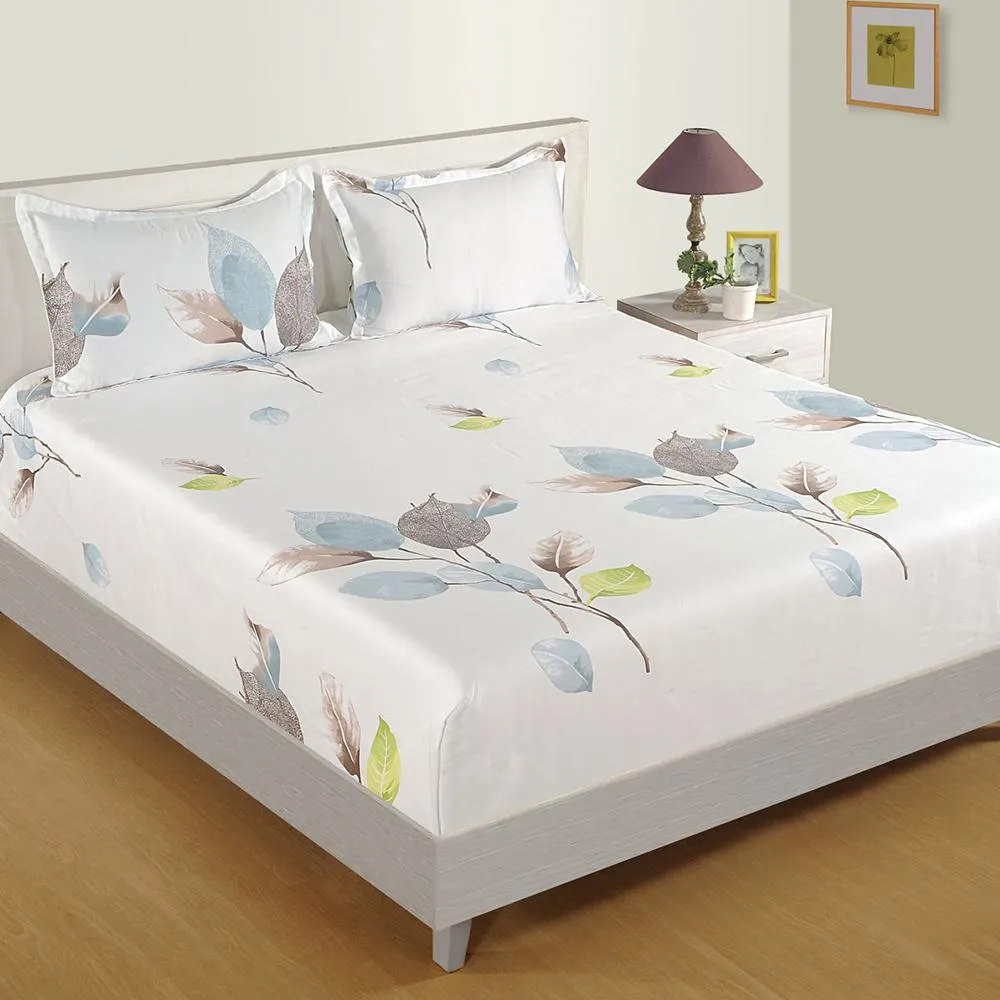 Swayam Spring Leaf Print Zinnia Fitted Bed Sheet with 2 pillow covers