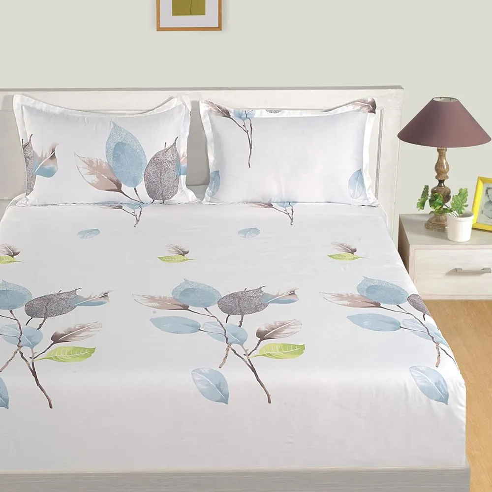 Swayam Spring Leaf Print Zinnia Fitted Bed Sheet with 2 pillow covers