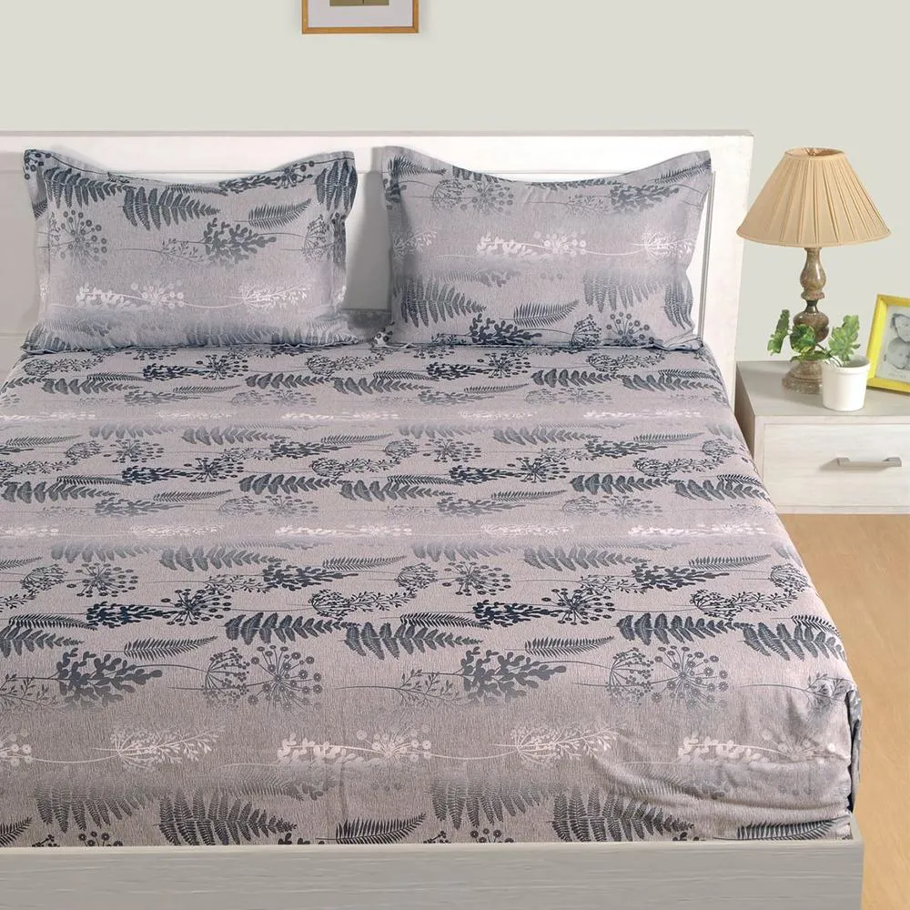 Swayam Stylized Leaf Printed Zinnia Fitted Bed Sheet with 2 pillow covers