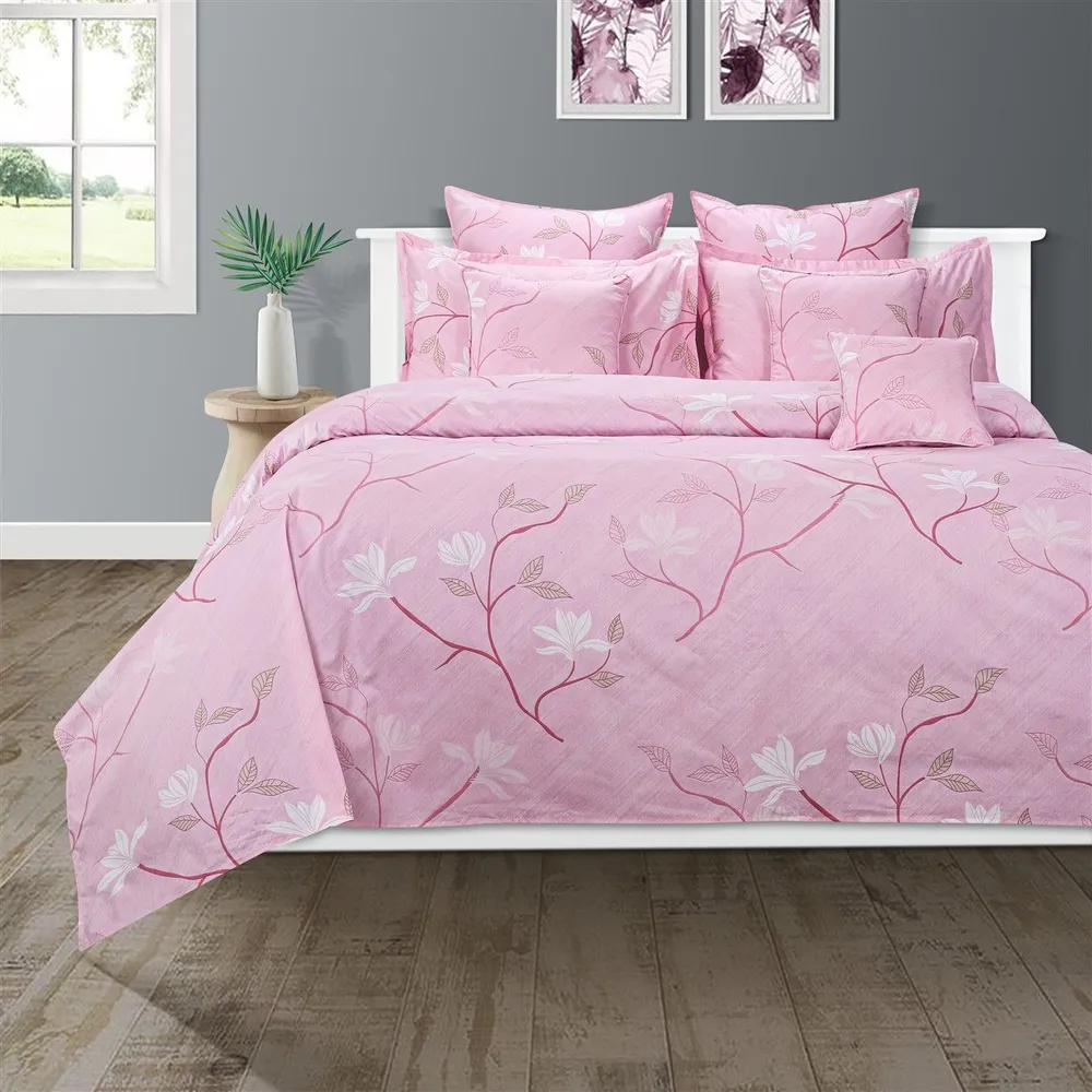 Swayam Swayam Blush Pink White flower Veda Bed Sheet with 2 pillow covers
