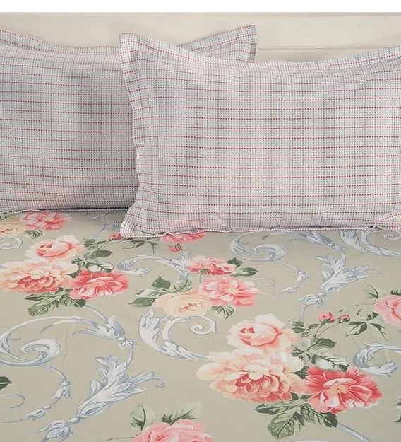 Swayam Veda Floral Grey & Peach Fitted Double Bedsheet