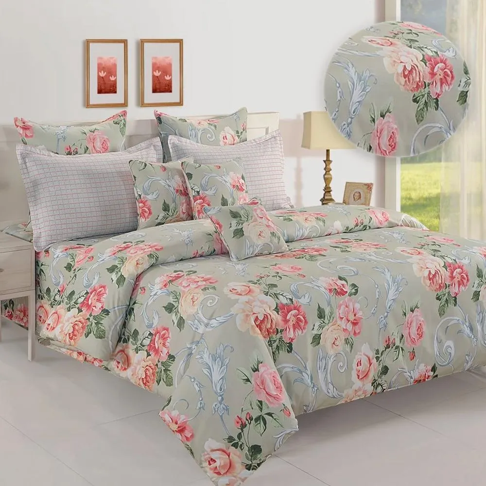 Swayam Veda Floral Grey & Peach Fitted Double Bedsheet