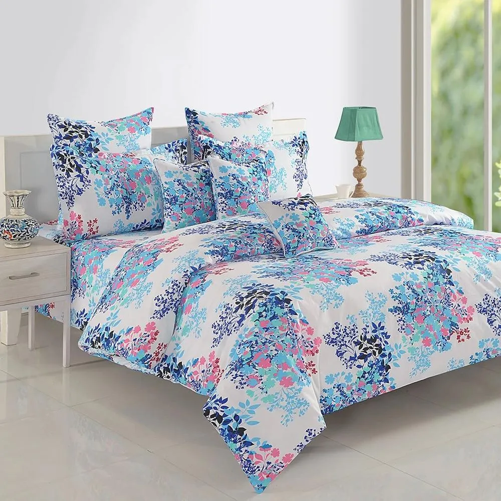 Swayam Veda Floral White &amp; Blue Double Bedsheet Double Bedsheet (90 x 108 inch)