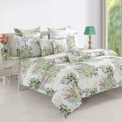 Swayam Veda Floral White &amp; Green Double Bedsheet