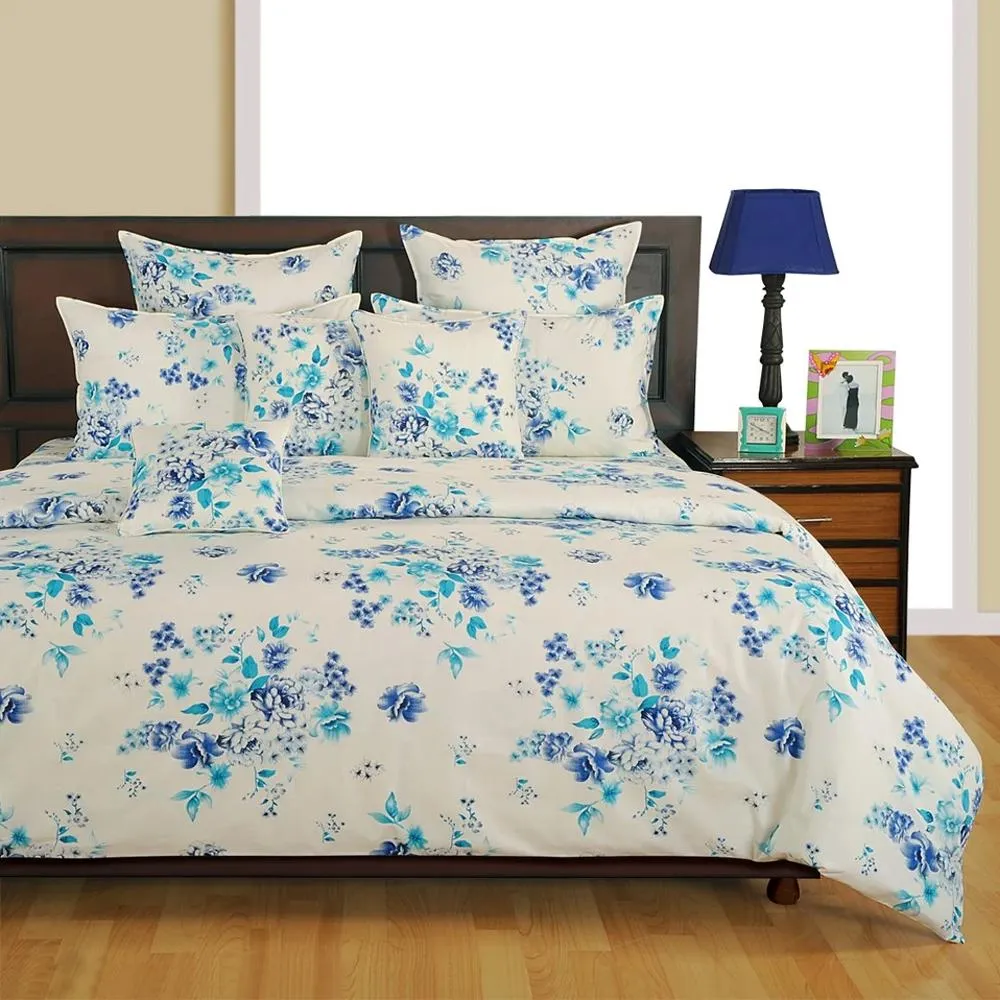 Swayam Veda Floral White Blue Double Bed Set of 4
