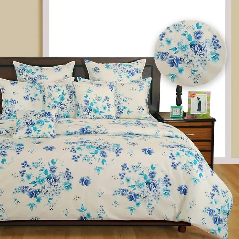 Swayam Veda Floral White Blue Double Bed Sheet Double Bedsheet (88 x 106 Inches)