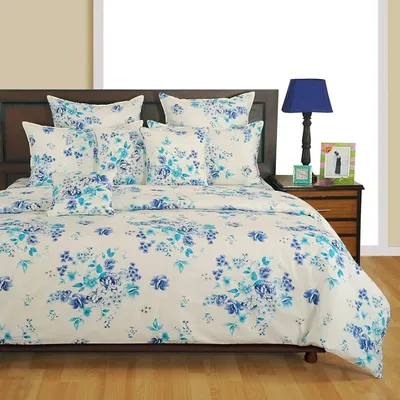 Swayam Veda Floral White Blue Double Bed Sheet
