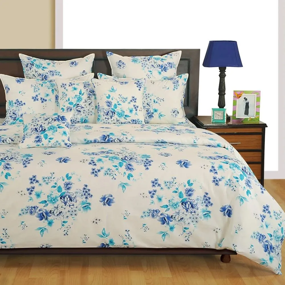 Swayam Veda  Floral White Blue Double Fitted Bed Sheet