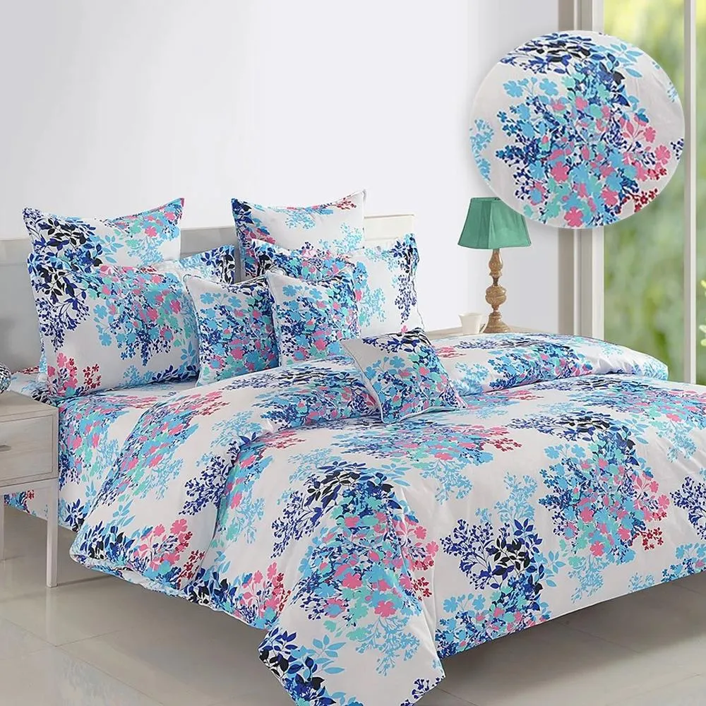 Swayam Veda Floral White & Blue Fitted Double Bedsheet