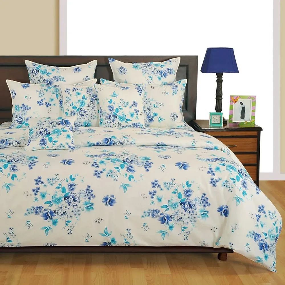 Swayam Veda Floral White Blue Single Bed Sheet
