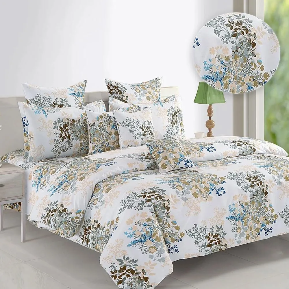 Swayam Veda Floral White & Grey Fitted Double Bedsheet