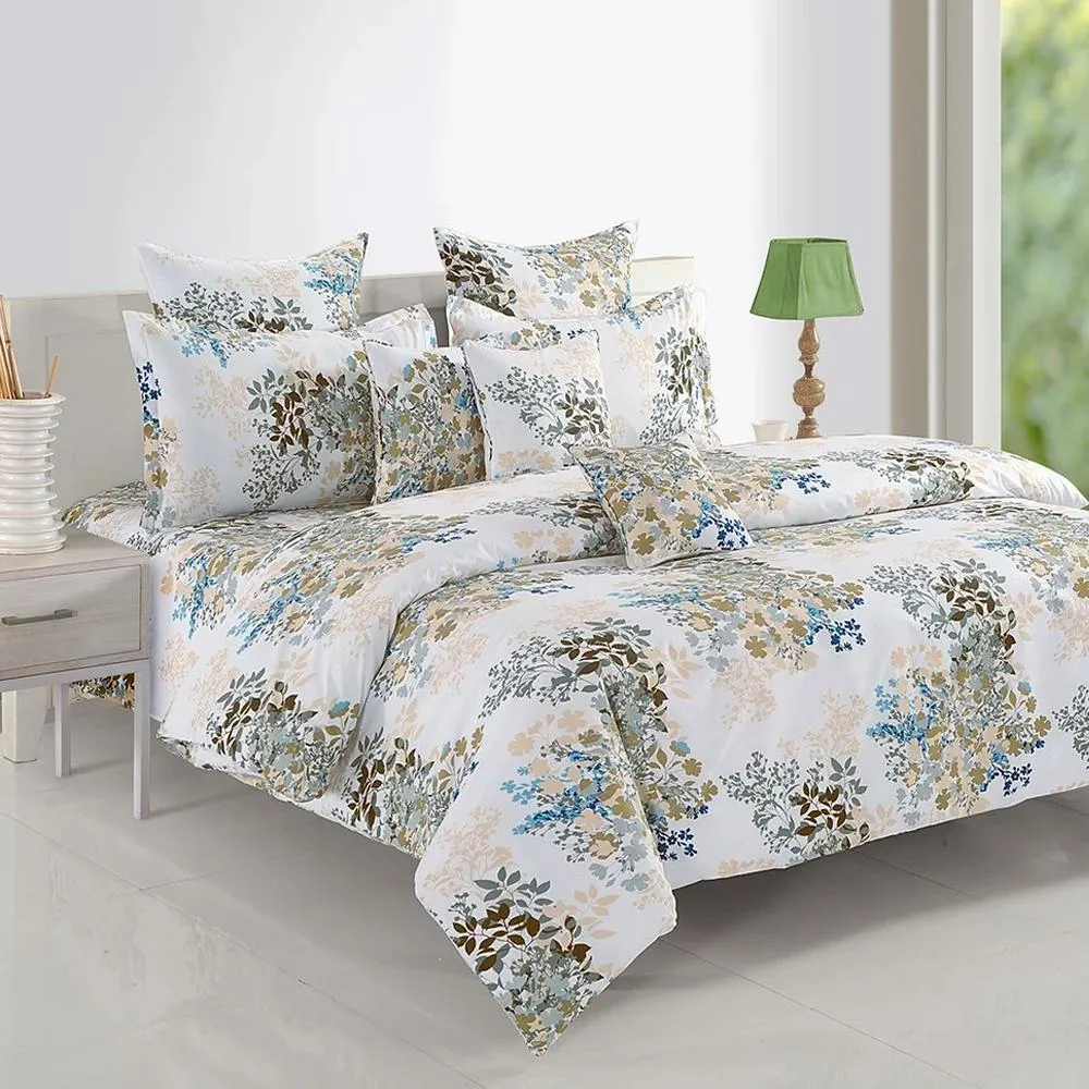Swayam Veda Floral White & Grey Fitted Double Bedsheet