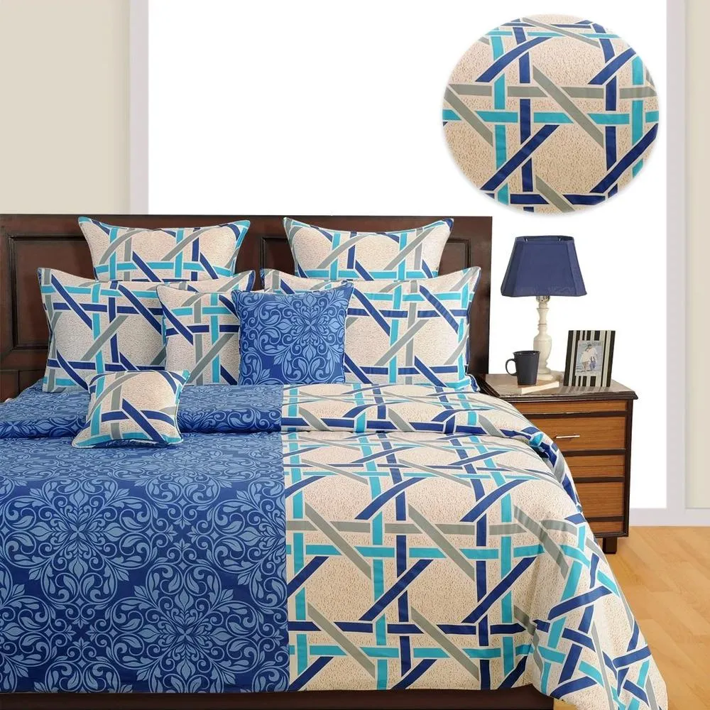 Swayam Veda Geometrical Blue &amp; Off- White Double Bedsheet Double Bedsheet (90 x 108 inch)