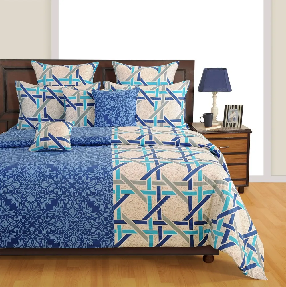 Swayam Veda Geometrical Off White & Blue Fitted Double Bedsheet