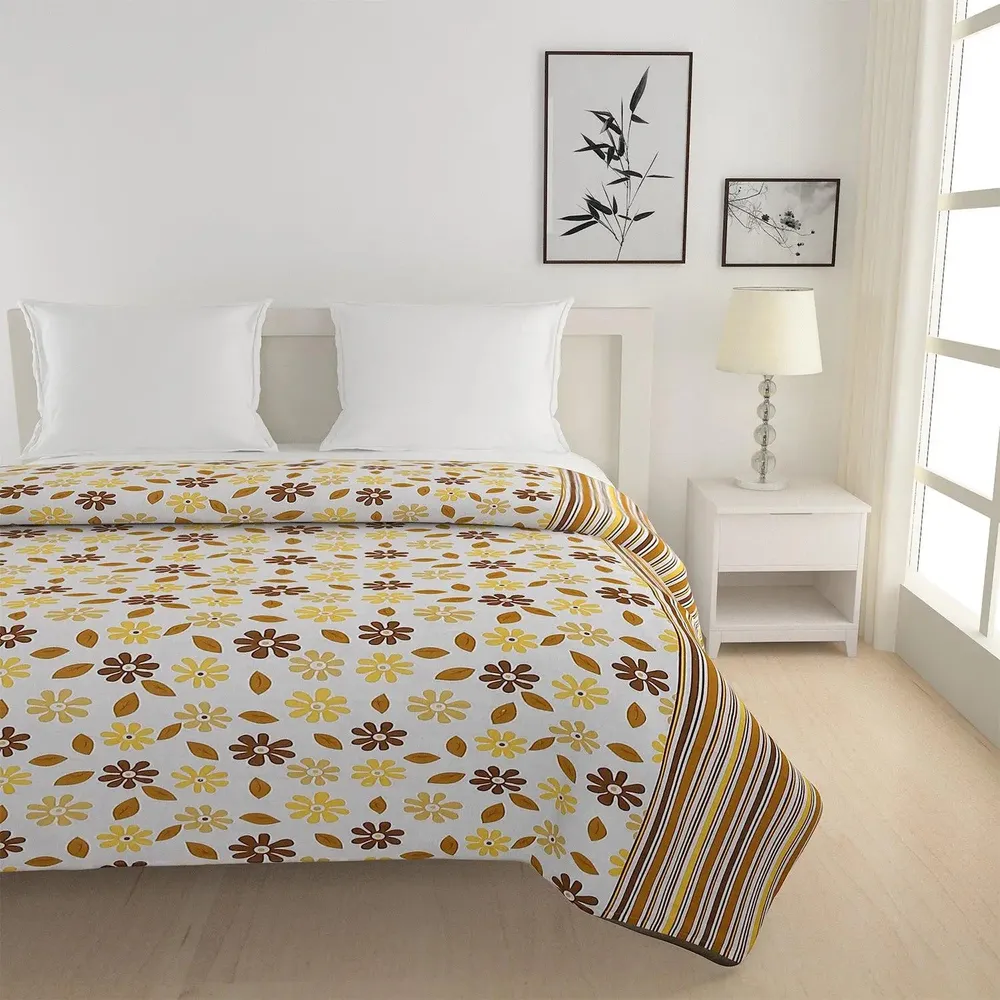 Swayam Yellow &amp; Brown Floral Designer Double Bed Winter Quilt