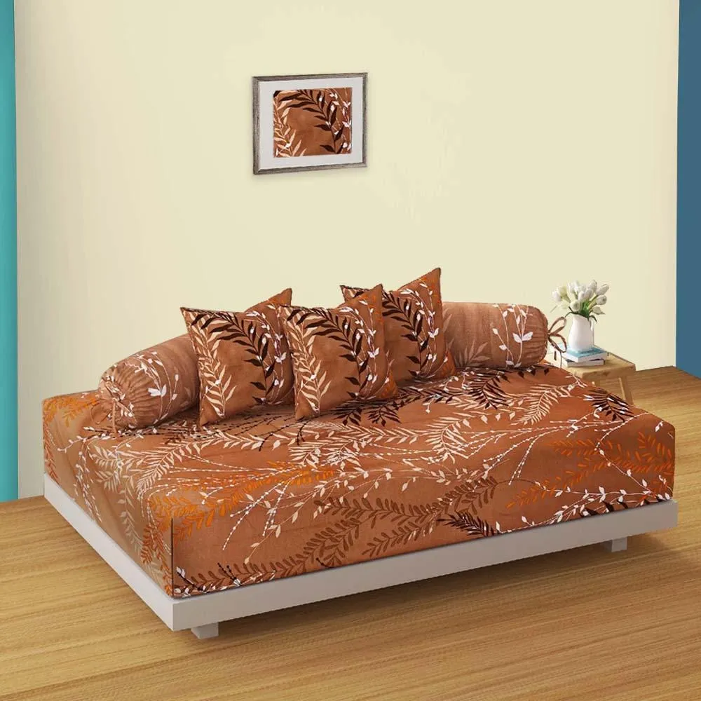 Swayam Zinnia 100% Pure Cotton Brown Base Multicolor Leaf Print Diwan Set, Pack Of 6