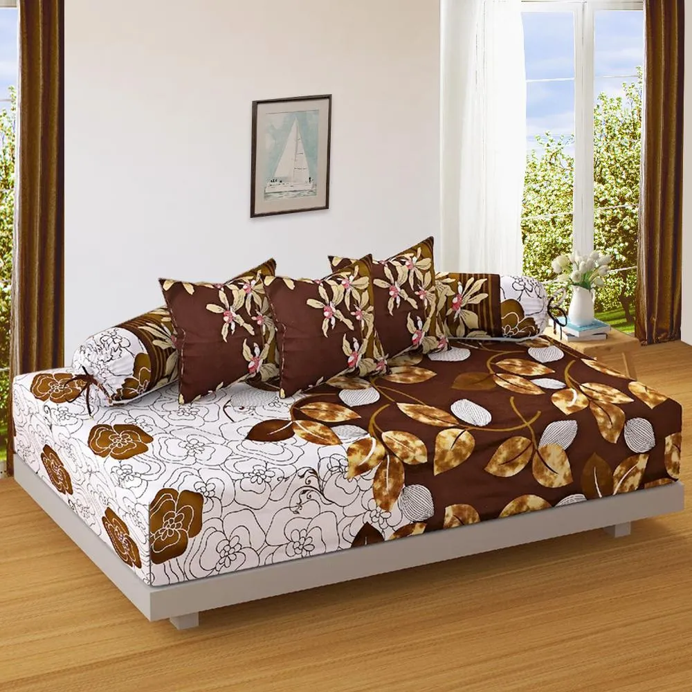 Swayam     Zinnia 100% Pure Cotton Brown& White Leaf Print Diwan Set, Pack of 6