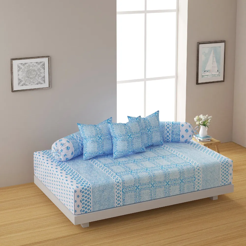 Swayam Zinnia 100% Pure Cotton Sky Blue Floral Print  Diwan Set, Pack of 6