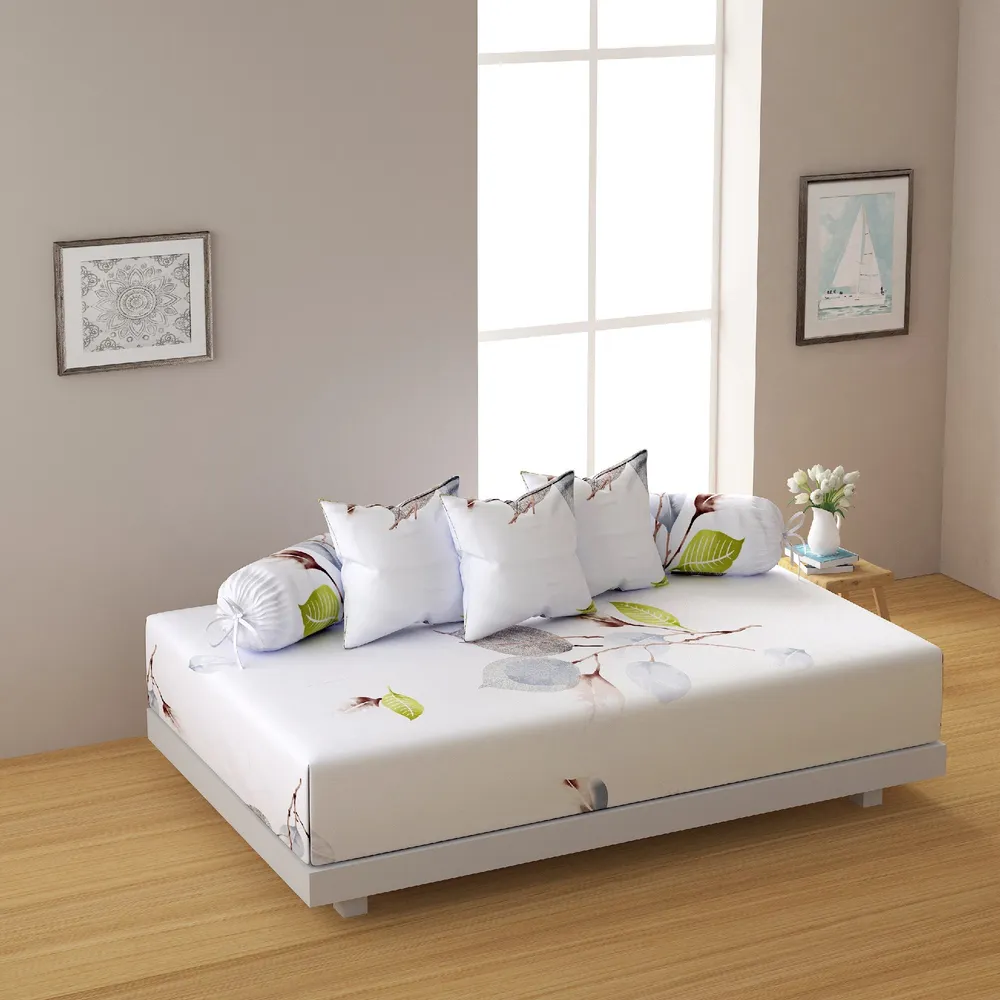 Swayam Zinnia 100% Pure Cotton White& Green  Floral Print Diwan Set, Pack of 6