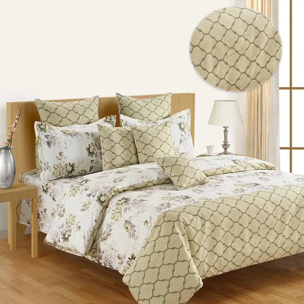 Swayam Zinnia Beige &amp; White Floral Cotton Comforter Single Bed Comforter