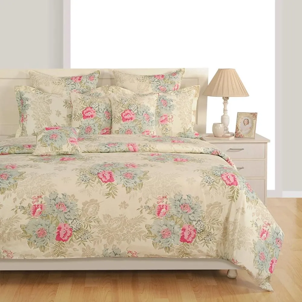 Swayam Zinnia Off White &amp; Cream Floral Cotton Double Bed Sheet Double Bedsheet