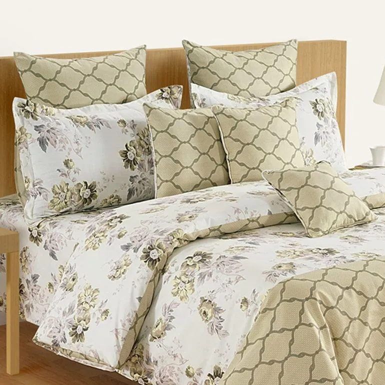 Swayam Zinnia Off White & Green Floral Cotton Single Bedsheet