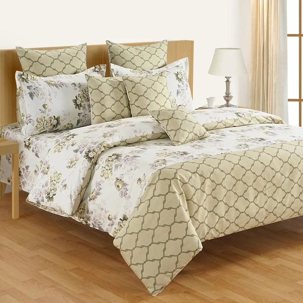 Swayam Zinnia Off White & Green Floral Cotton Single Bedsheet