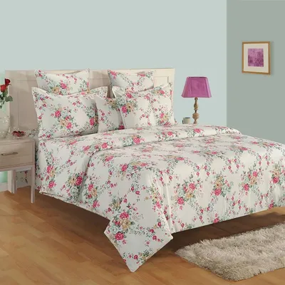 Swayam Zinnia Pink &amp; Off White Floral Cotton Comforter