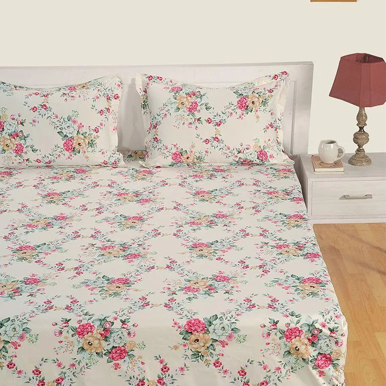 Swayam Zinnia Pink Floral Cotton Double Bedsheet