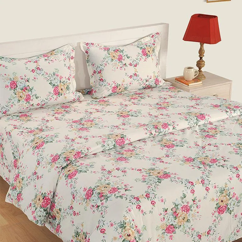 Swayam Zinnia Pink Floral Cotton Fitted Double Bedsheet