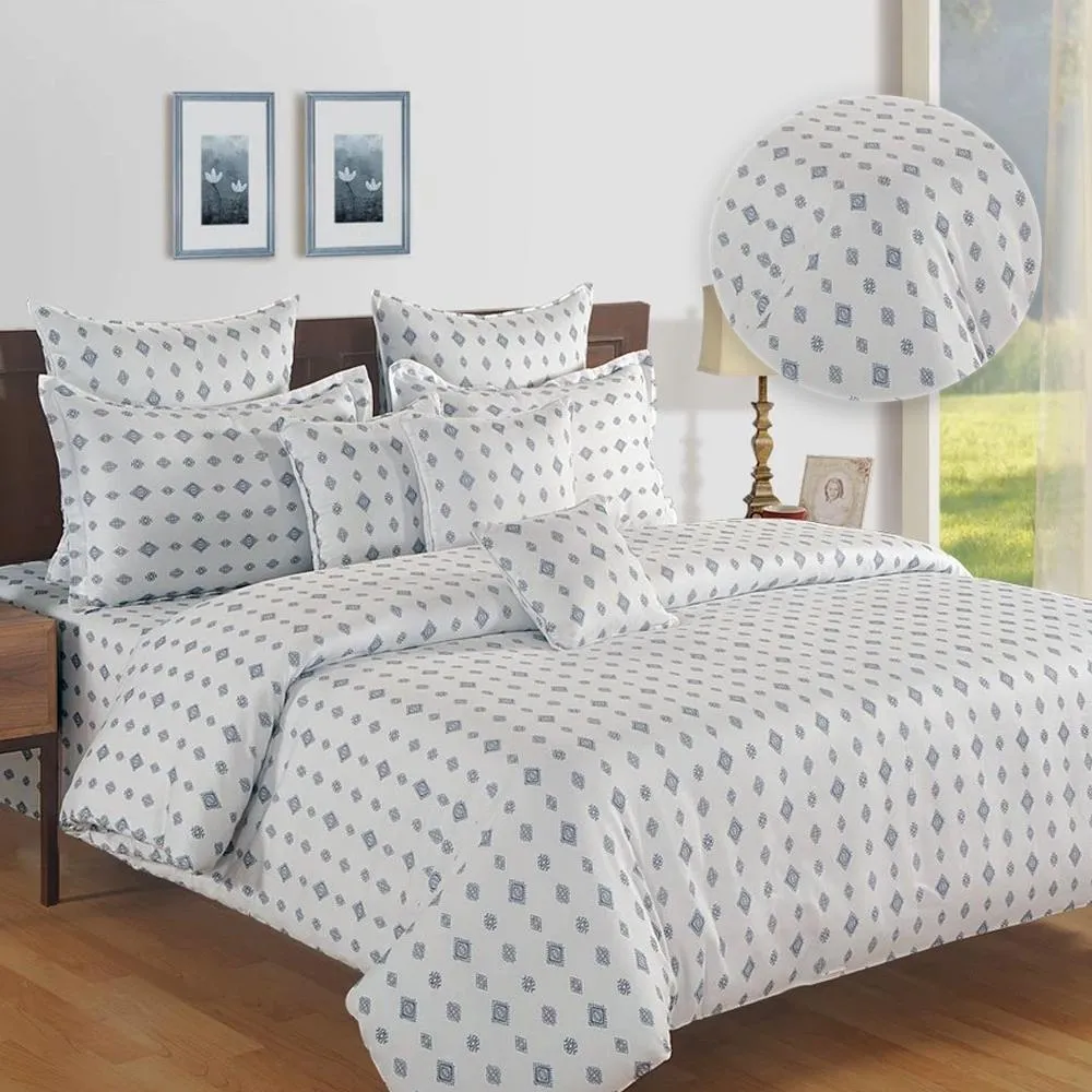 Swayam Zinnia White &amp; Blue Motif Printed Double Bed Set of 4