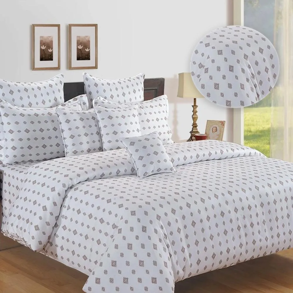 Swayam Zinnia White &amp; Brown Motif Printed Double Bed Set of 4