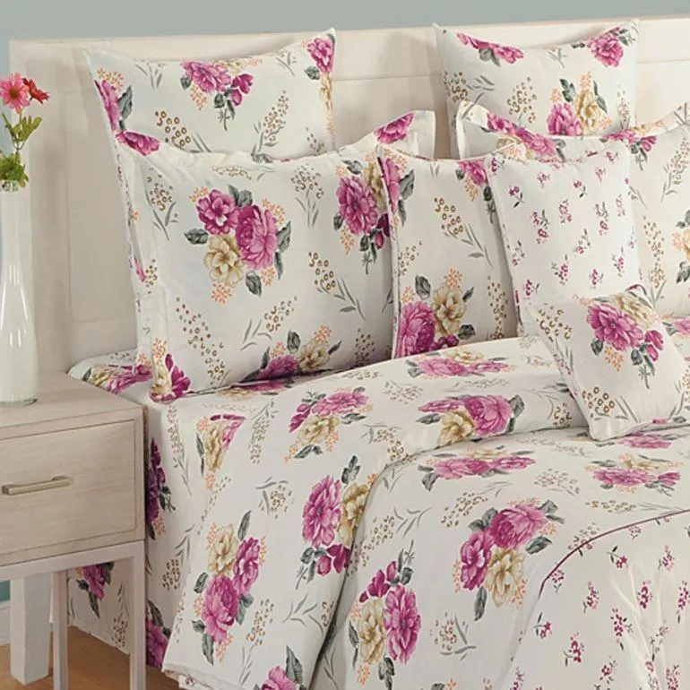 Swayam Zinnia White &amp; Pink Floral Printed Double Bed Set of 4