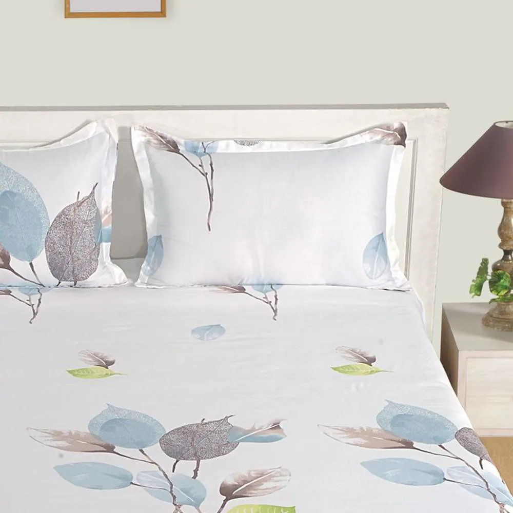 Swayam Zinnia White Floral Cotton Fitted Double Bed Sheet
