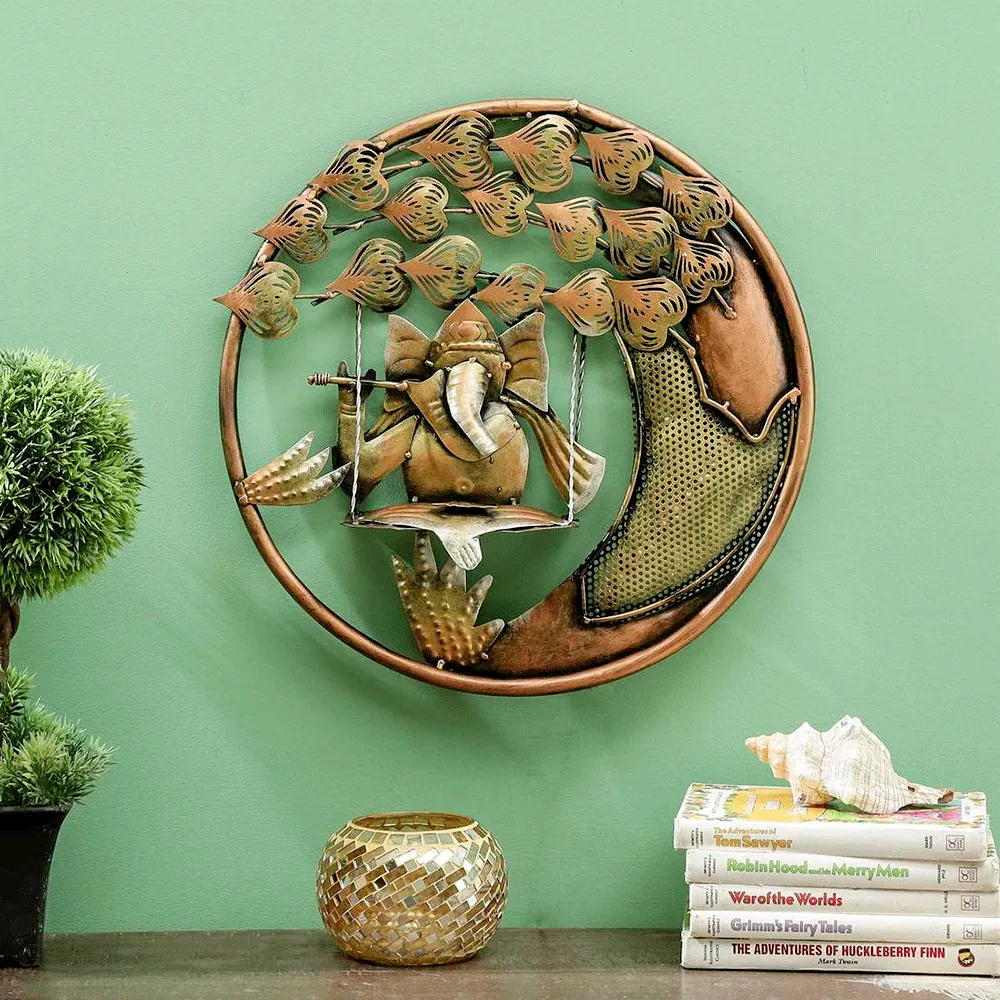 Swinging Ganesha Round Metal Wall Art With LED