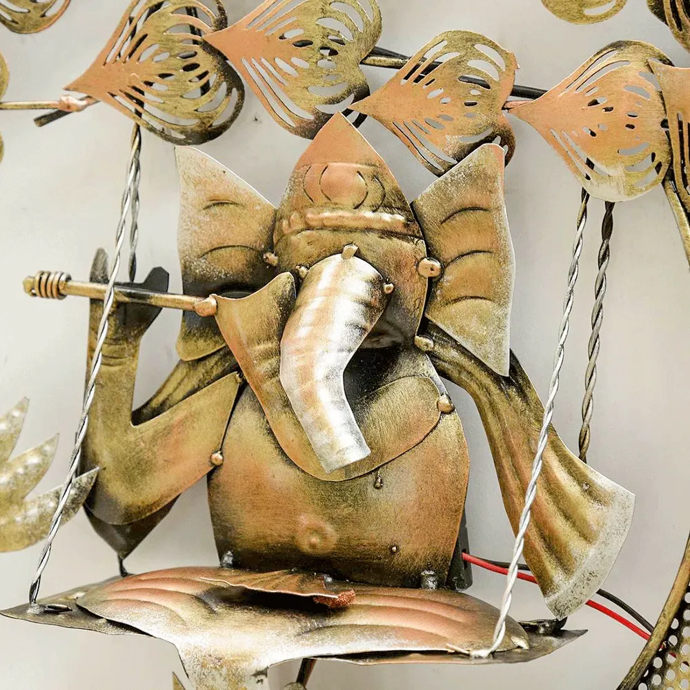 Swinging Ganesha Round Metal Wall Art With LED
