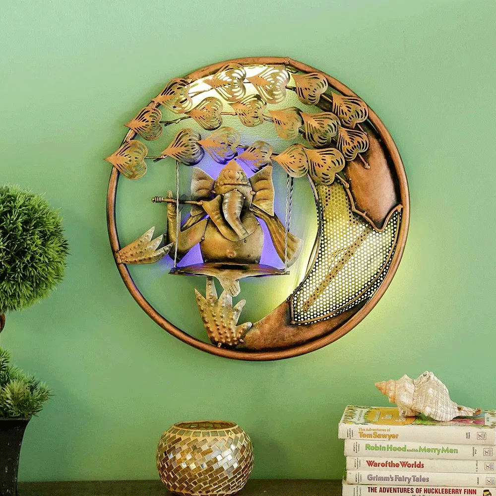 Swinging Ganesha Round Metal Wall Art With LED