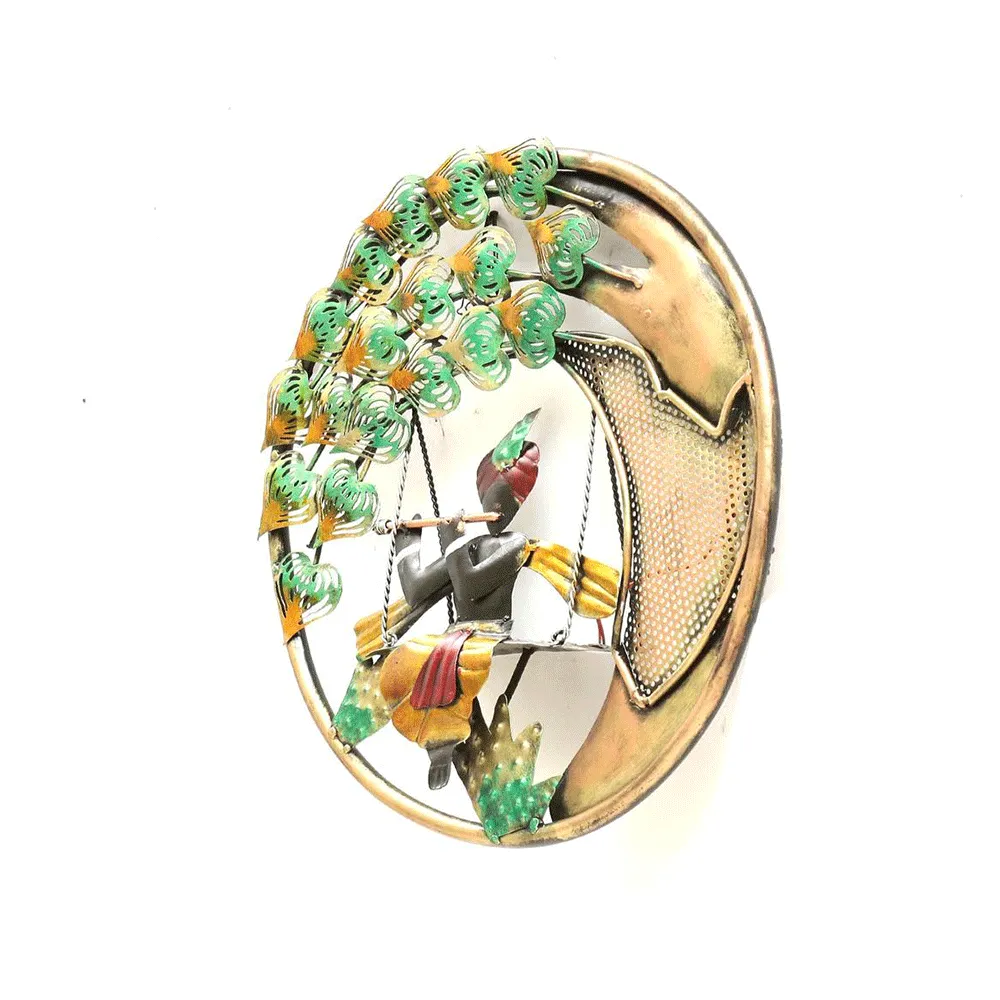Swinging Krishna Round Metal Wall Art With LED