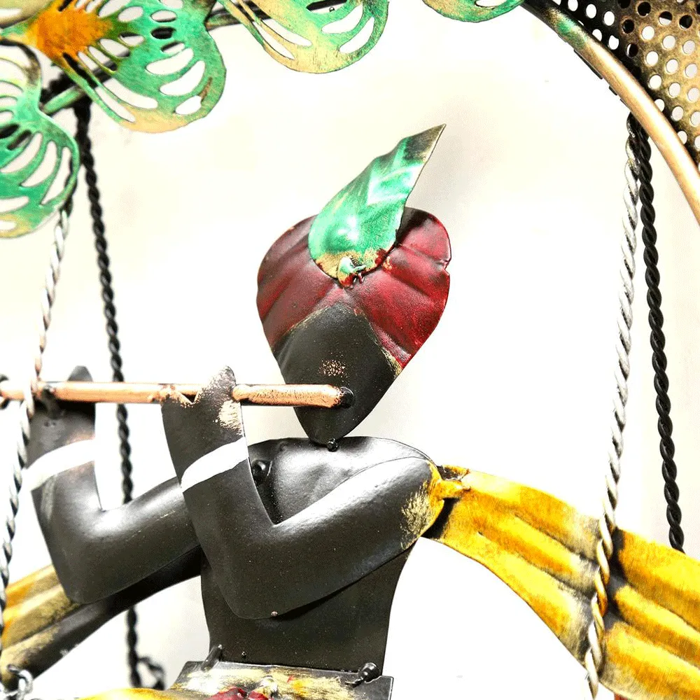 Swinging Krishna Round Metal Wall Art With LED