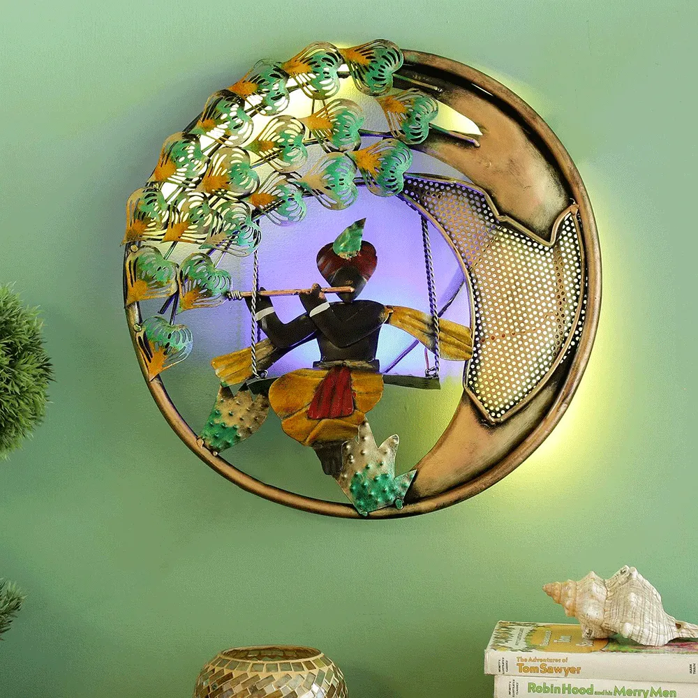 Swinging Krishna Round Metal Wall Art With LED